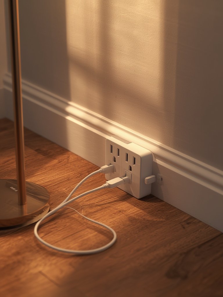 flat plug right angle extension cord closeup on white wall