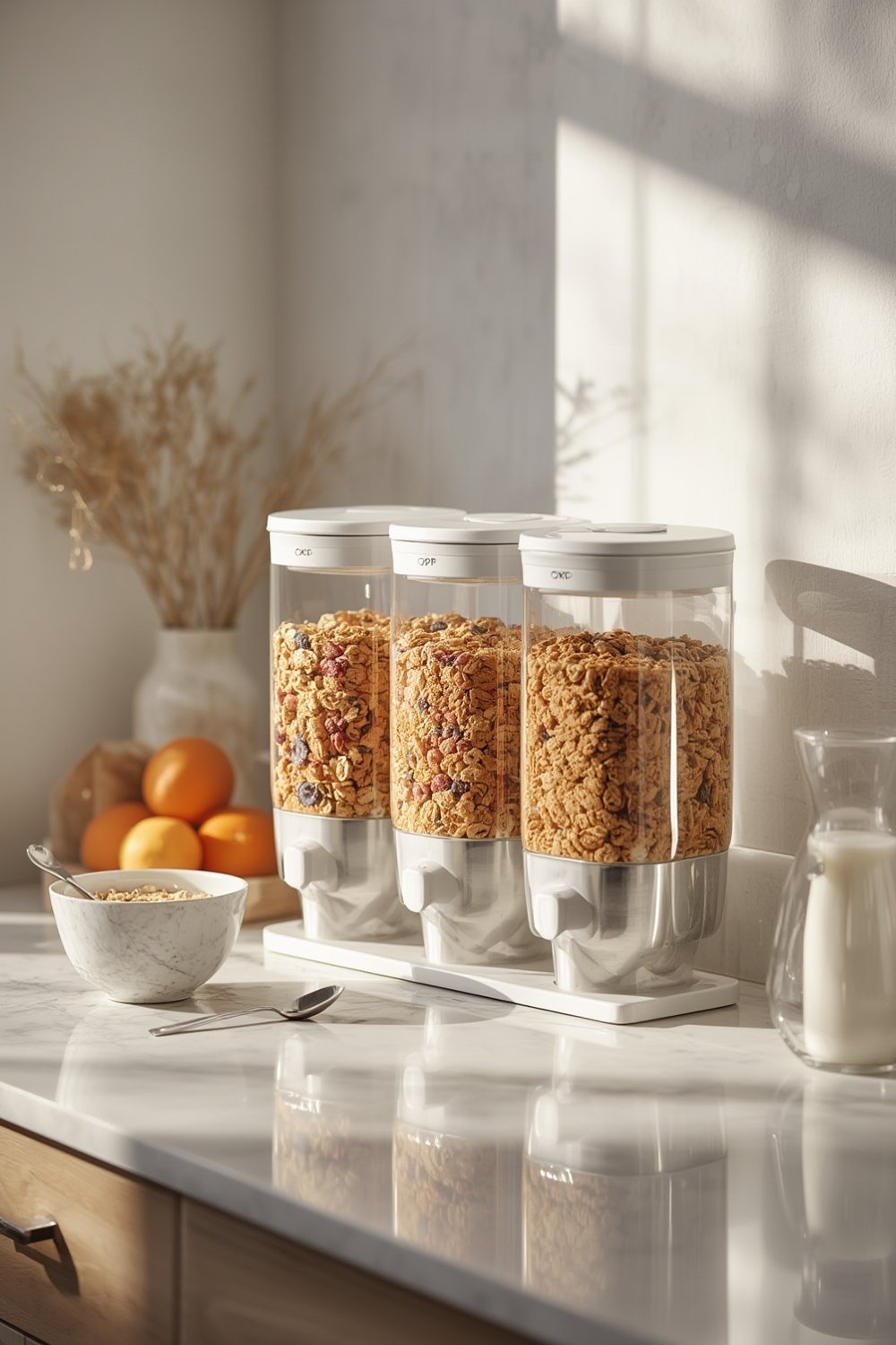 cereal dispenser in use pouring cereal neatly into a bowl