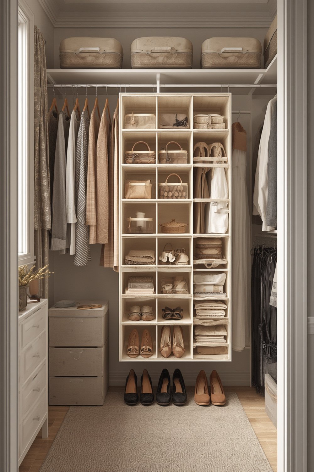 closet organizer with hanging storage and bamboo shelves
