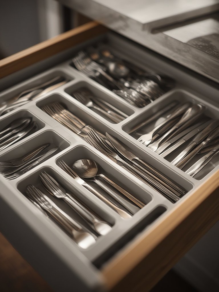 drawer organizer with stacked compartments and compact cutlery storage