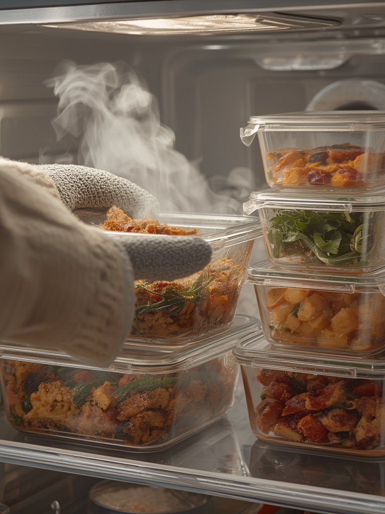 food storage glass containers stacked and organized in the fridge