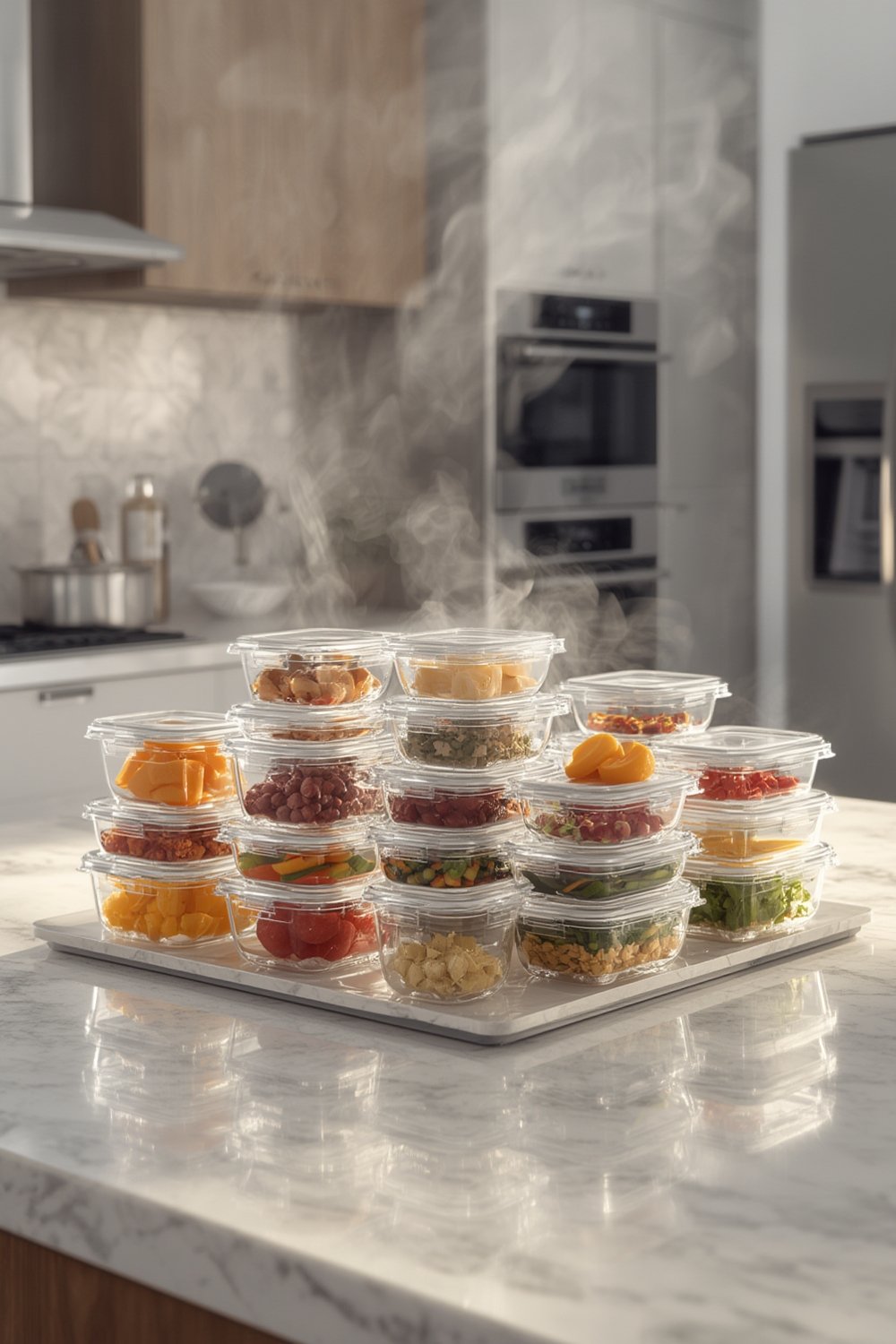 glass containers storing fresh vegetables and leftovers