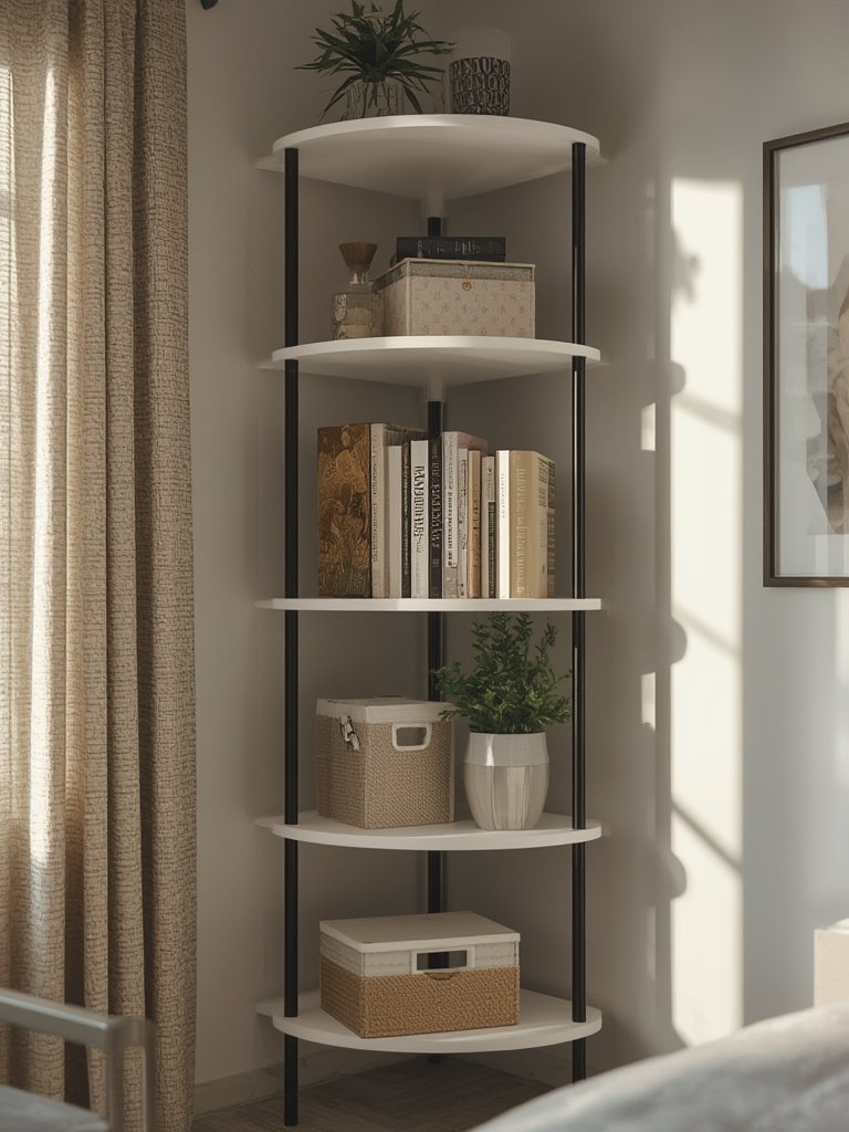 5 tier shelf modern corner unit as composite wood furniture in home office organizer setup