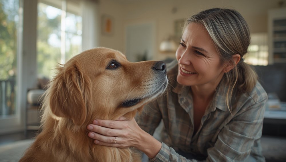 A senior Golden Retriever looking alert and happy while receiving a cognitive pet treat from its owner.