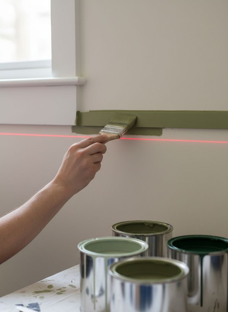 A close-up of a painter using a laser guide to create a perfectly straight line for a color capping project on a high ceiling.