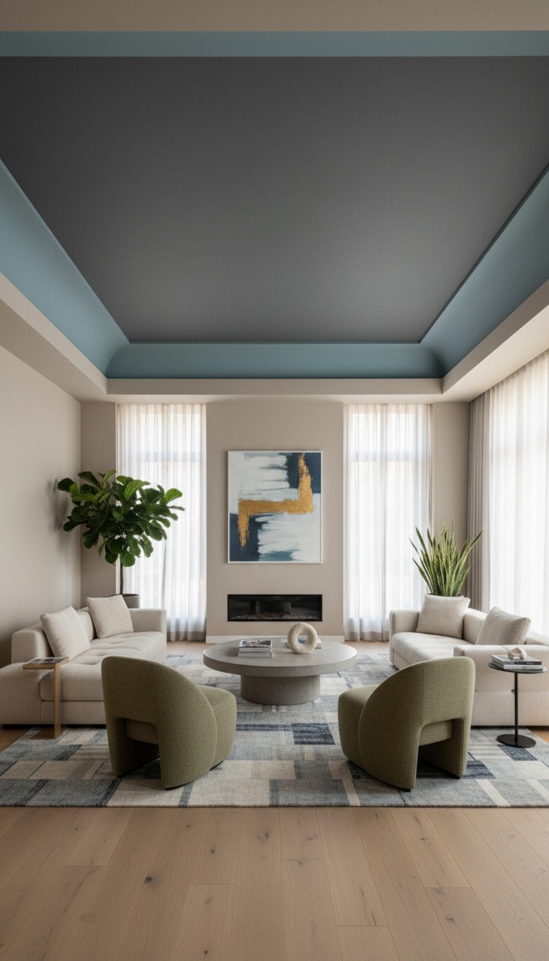 A sophisticated living room showcasing color capping with light gray walls transitioning to a deep charcoal ceiling, creating a sense of height and elegance.