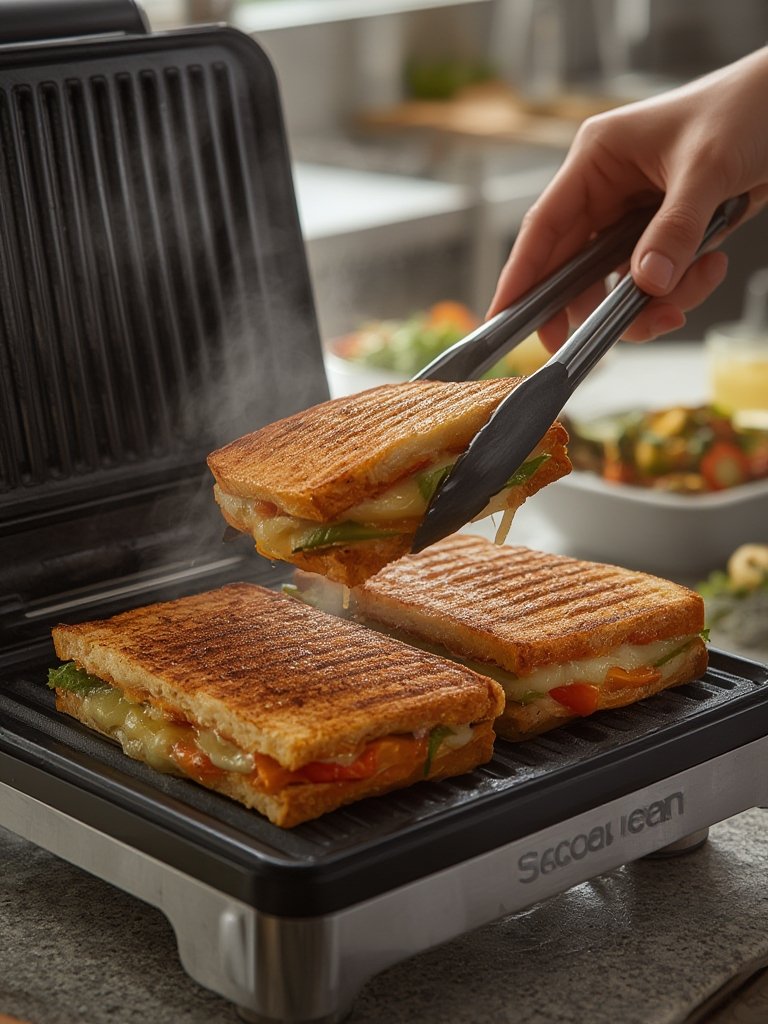 electric grill George Foreman 2-Serving Classic Plate Electric Indoor Grill and Panini Press on kitchen countertop