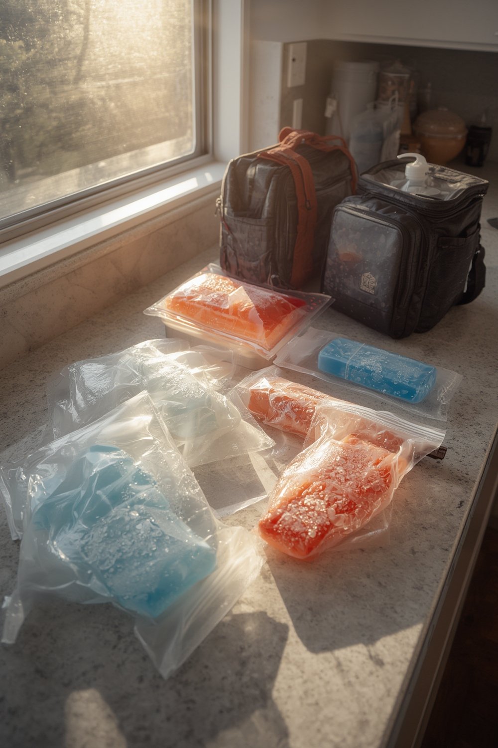 ice packs in cooler with food and drinks - best cooler accessories for long lasting freezer packs and reusable ice