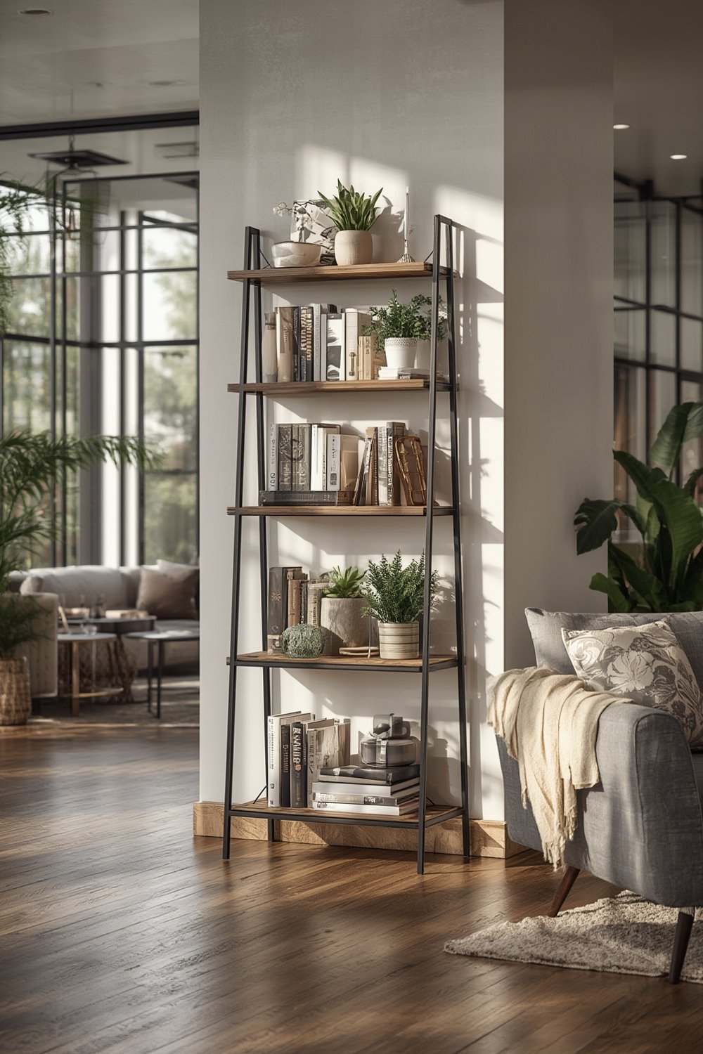 ladder shelf being used in modern living room as bookshelf