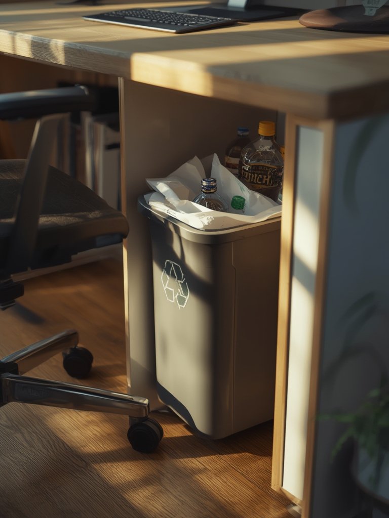 space saving recycling bin under desk in home office