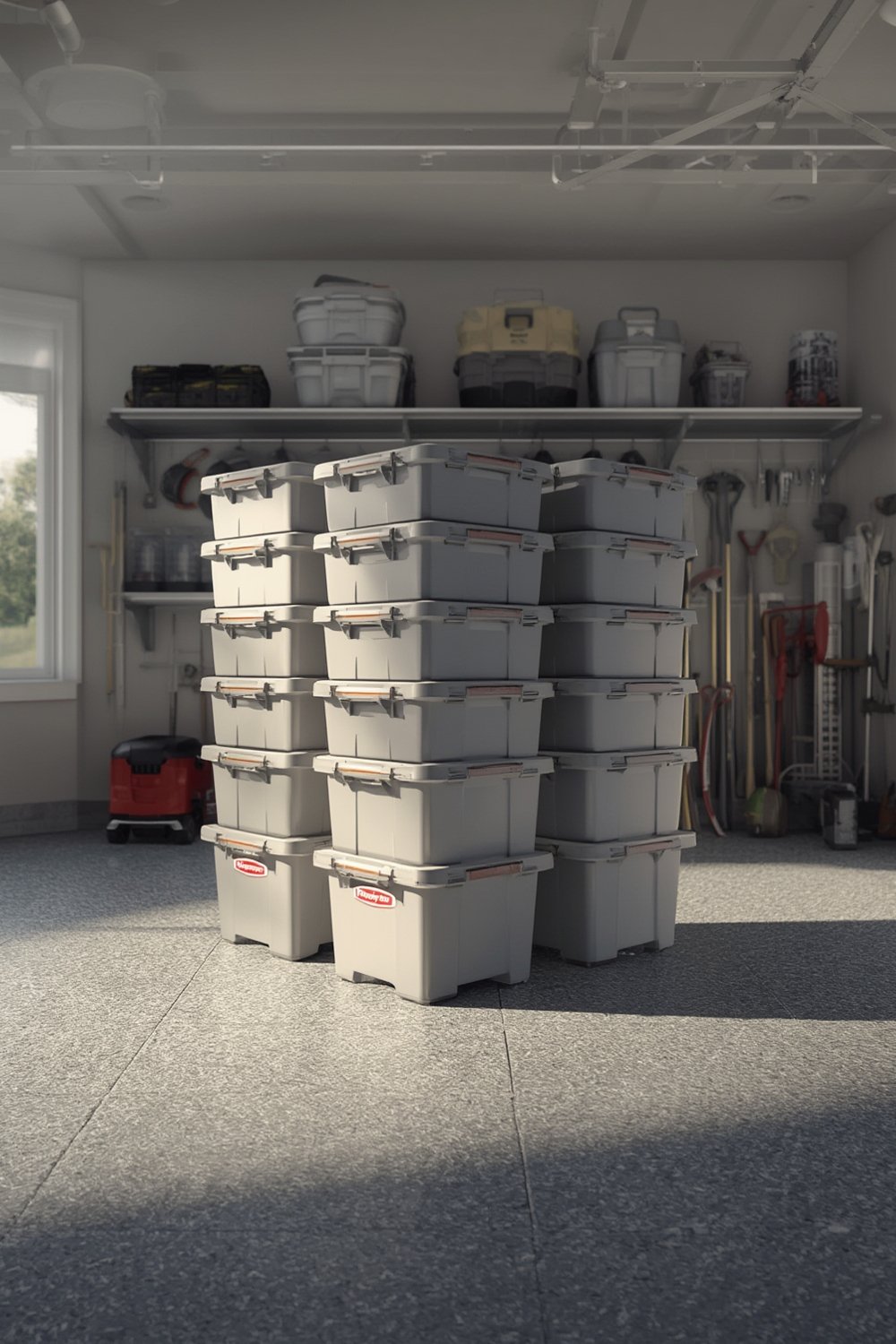 storage bins used for garage organization and attic storage