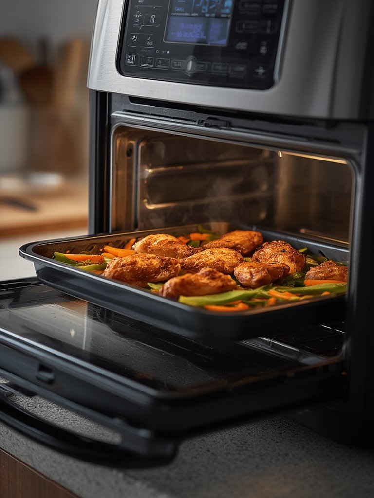 toaster oven with stainless steel finish and removable crumb tray