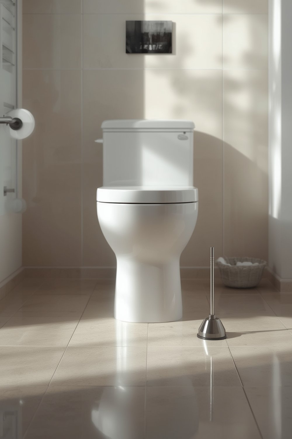 toilet plunger in use - unclogging a modern toilet
