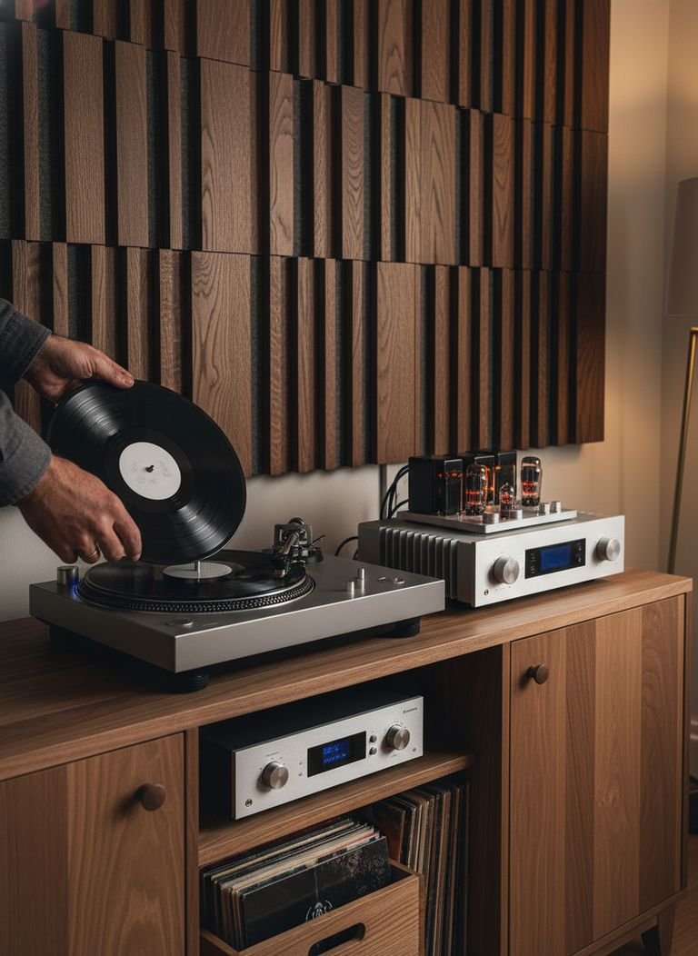 A close up of a Hi-Fi furniture setup showing a turntable, amplifier, and vinyl storage.