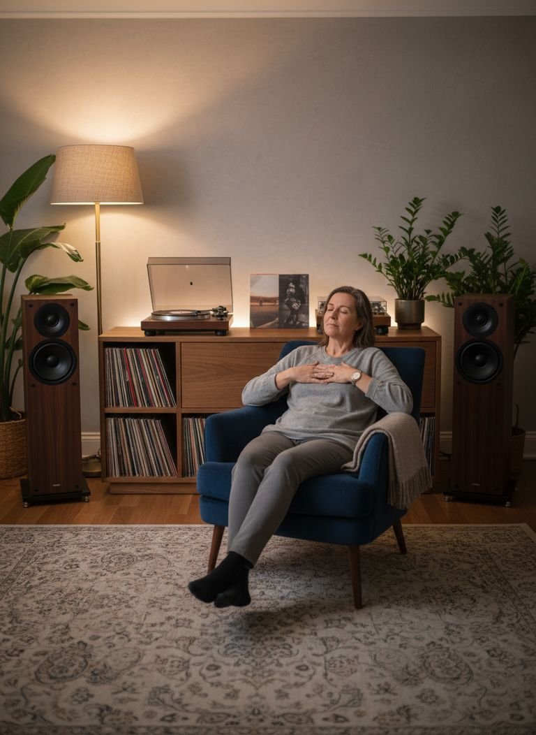 A person enjoying music in their finished analog listening room, showcasing a comfortable and immersive environment.