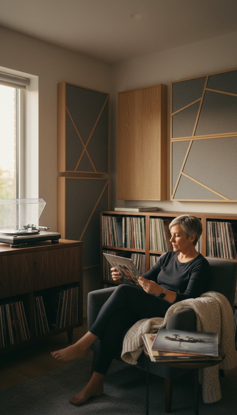 A well designed analog listening room with a turntable, comfortable seating, and acoustic panels.