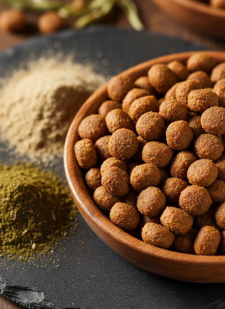 A side-by-side comparison of black soldier fly larvae and cricket-based pet food kibble.