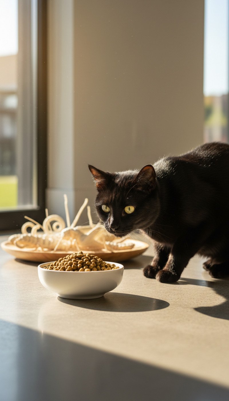 A bowl of insect protein pet food kibble next to a happy, healthy dog.