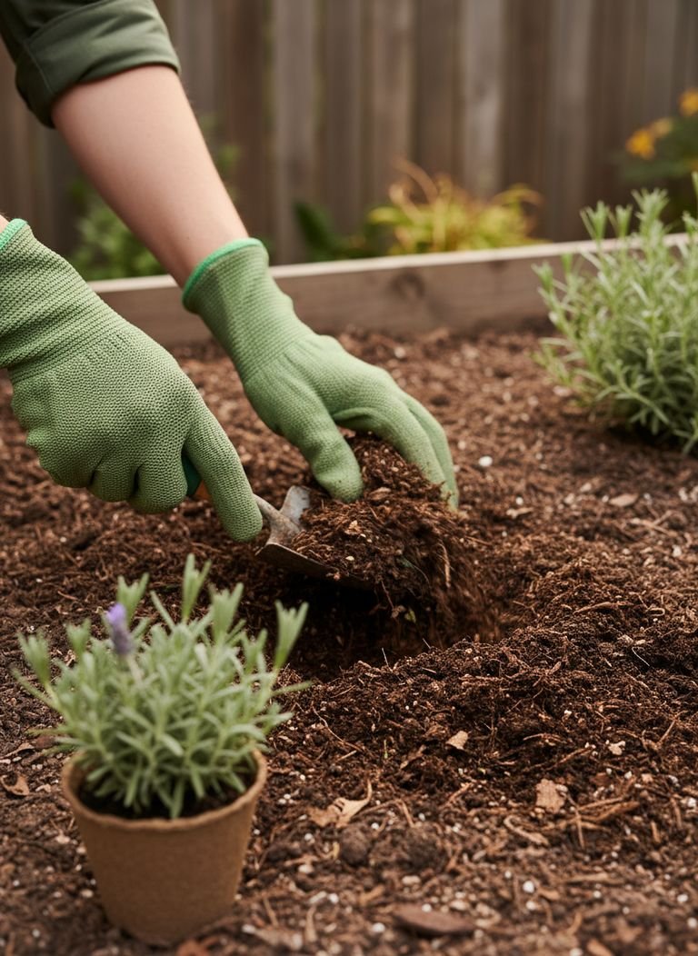 A gardener preparing the soil foundation for a Lemonading Garden, amending it with compost.