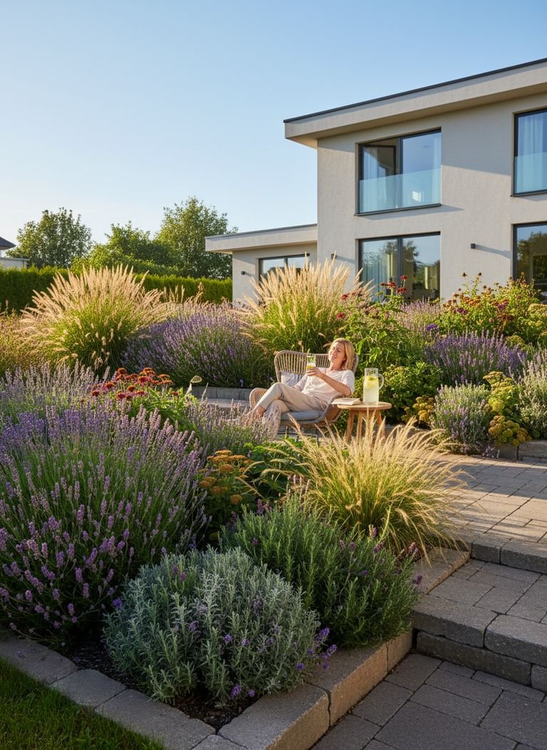 Close-up of a drip irrigation system watering a newly planted lavender shrub in a Lemonading Garden.