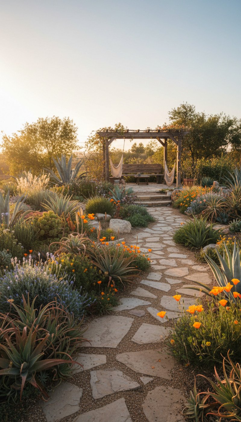 A vibrant, resilient garden with native plants and a drip irrigation system, embodying the Lemonading Garden philosophy.
