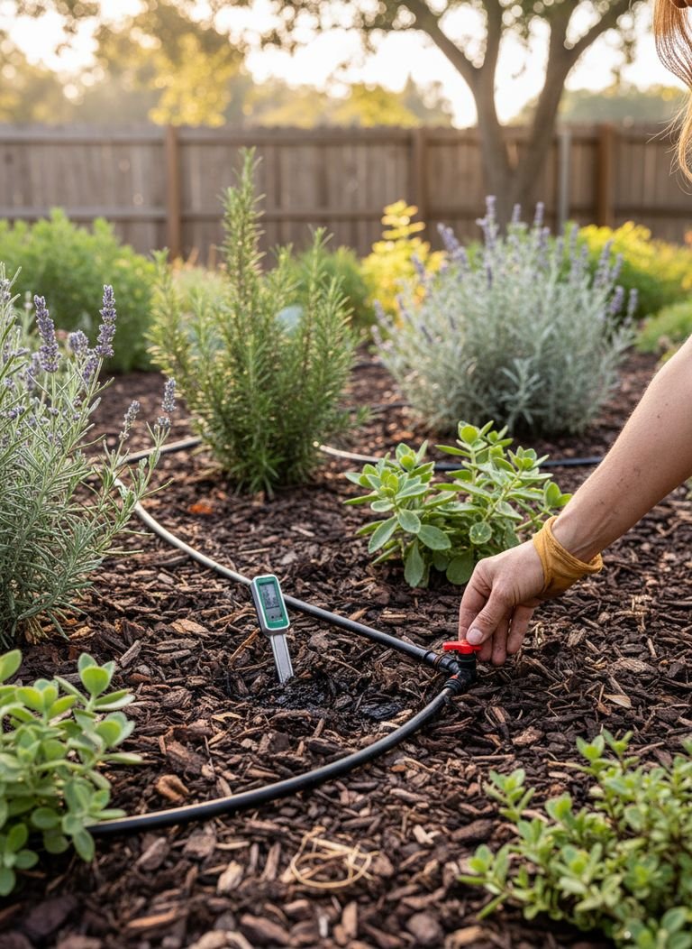 A gardener installing a drip irrigation line in a mulched garden bed, a key step in creating a Lemonading Garden.