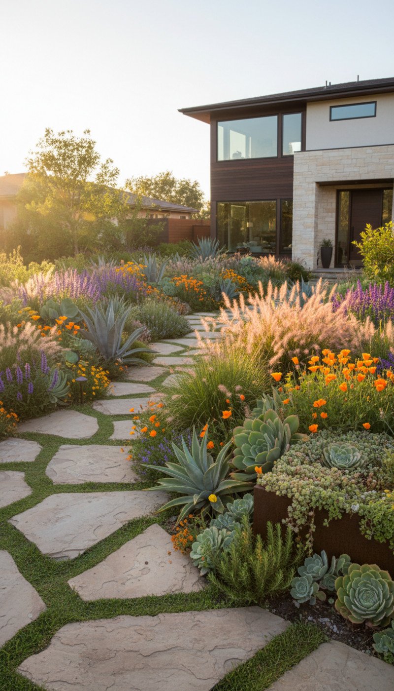 A vibrant Lemonading Garden with drought-hardy shrubs and ornamental grasses thriving in the sun.