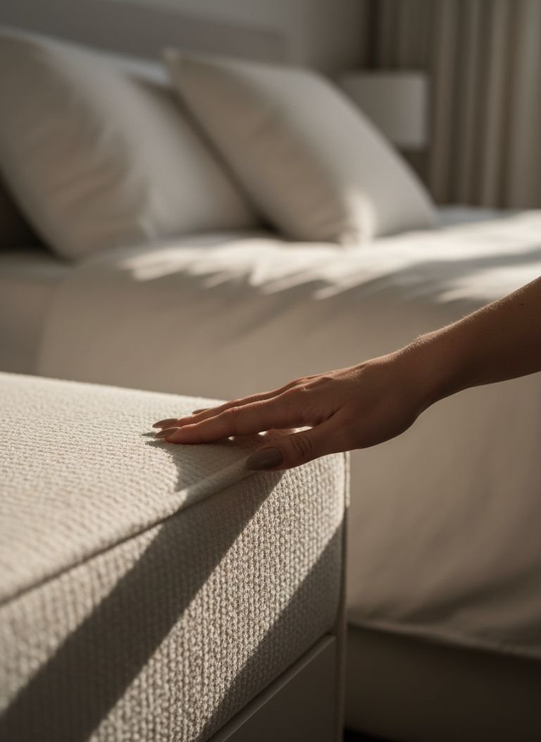 A close-up shot showcasing the rich texture of a bouclé upholstered nightstand.