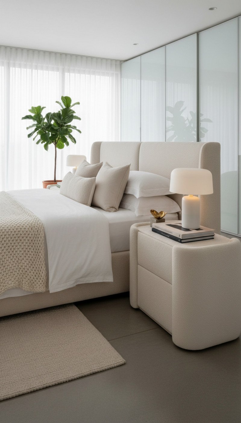 A stylish bedroom featuring a chic grey upholstered nightstand next to a well-made bed.