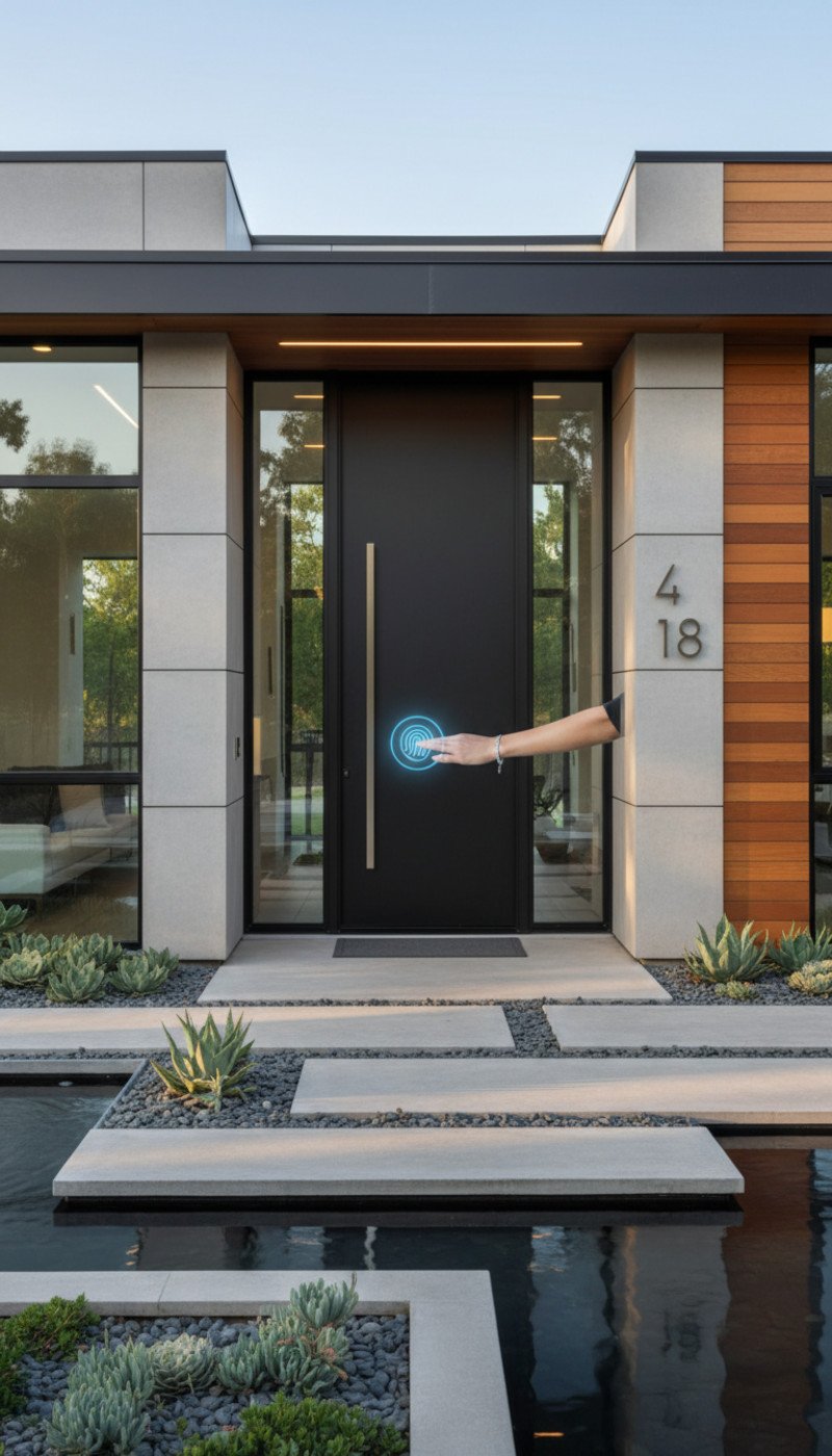 A sleek, modern front door with an integrated fingerprint scanner being used by a homeowner.