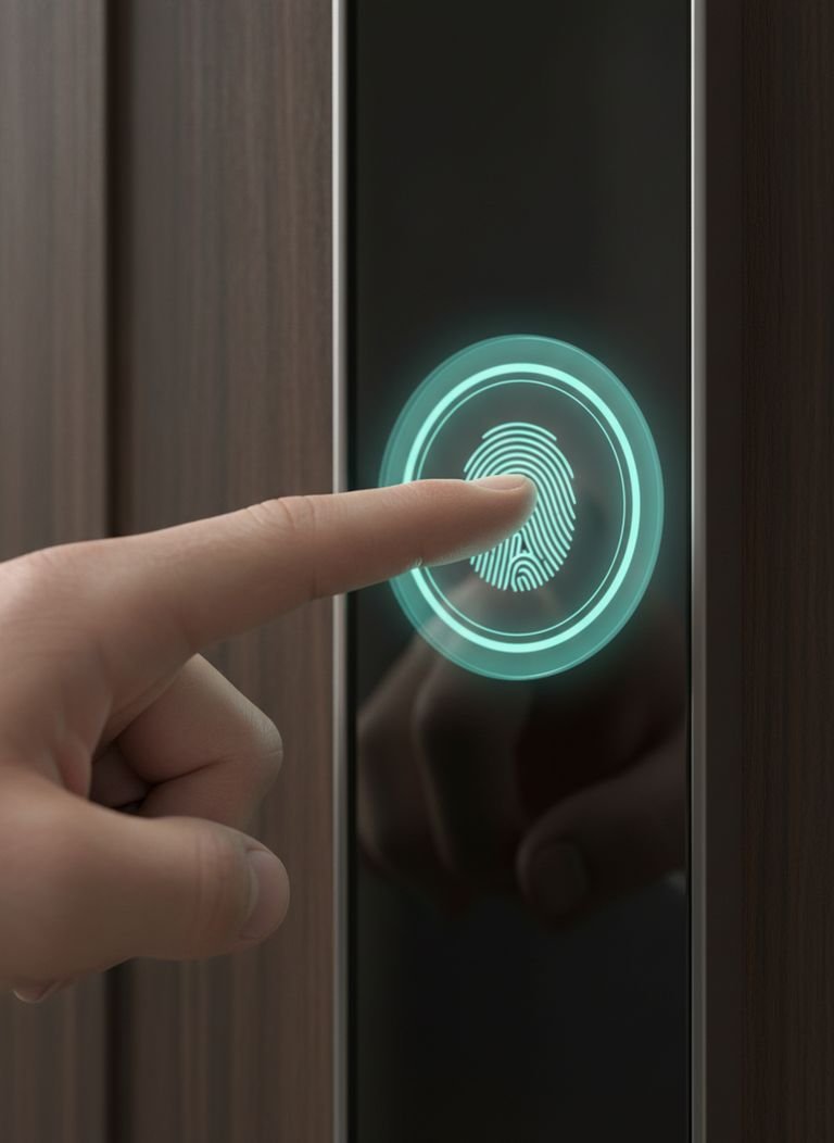 Close-up of a fingerprint lock showing the low-battery indicator light and the hidden mechanical keyhole.