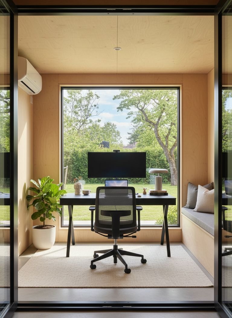 Interior view of a cozy and well-insulated modular backyard office, featuring a desk, chair, and good lighting.