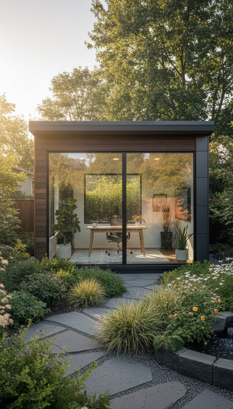 A modern modular backyard office situated in a well-landscaped garden, providing a serene and professional workspace.