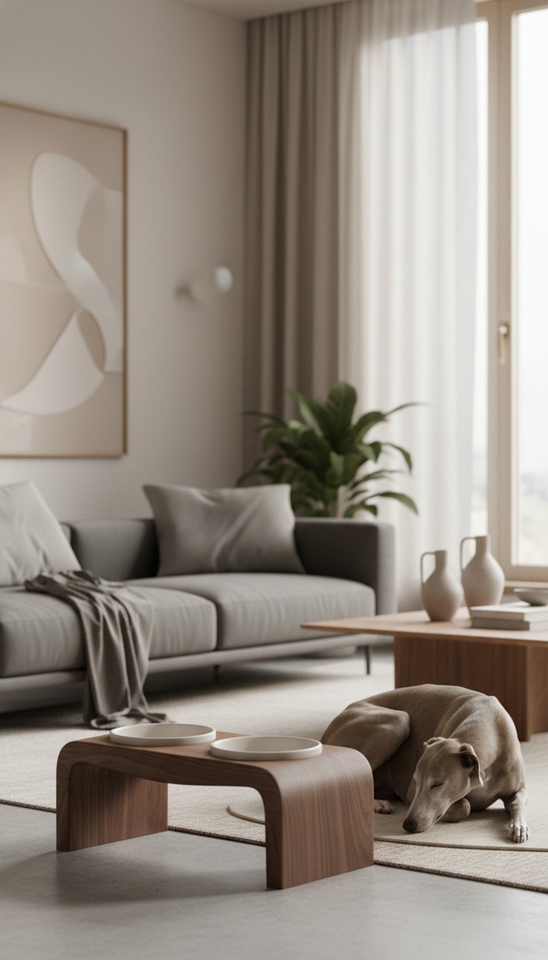 A sleek, minimalist sculptural pet feeder made of dark wood and white ceramic bowls, placed on a marble floor in a quiet luxury home.