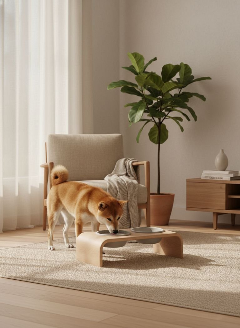 A futuristic sculptural pet feeder concept with integrated smart features like a digital display and built-in storage, shown in a high-tech kitchen.