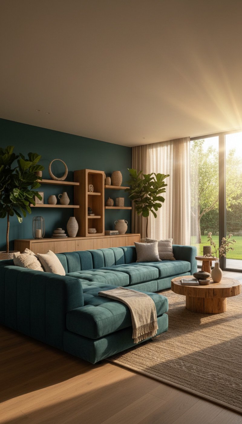 Transformative Teal Decor: 7 Essential Ways To A Brilliant Design 2 A sophisticated living room featuring a Transformative Teal accent wall and plush velvet armchairs in the same hue.